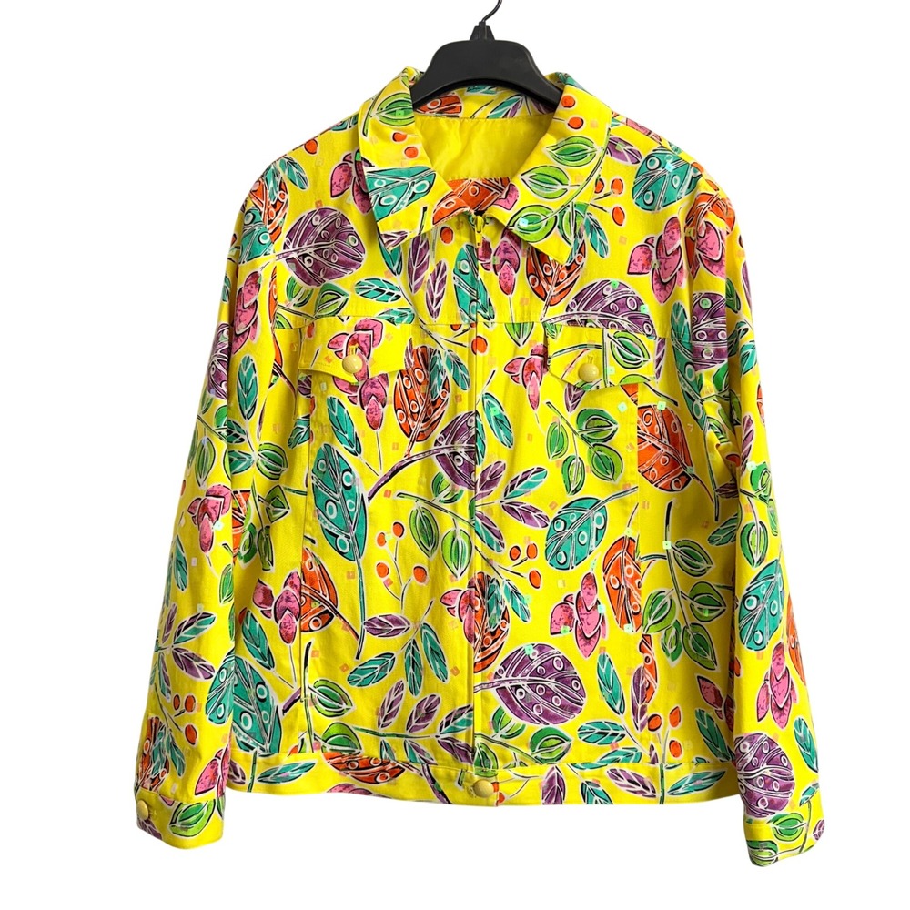 Redd Jeans Womens Yellow Tropical Leaf Sequin Zip Denim Style Jacket Size 18